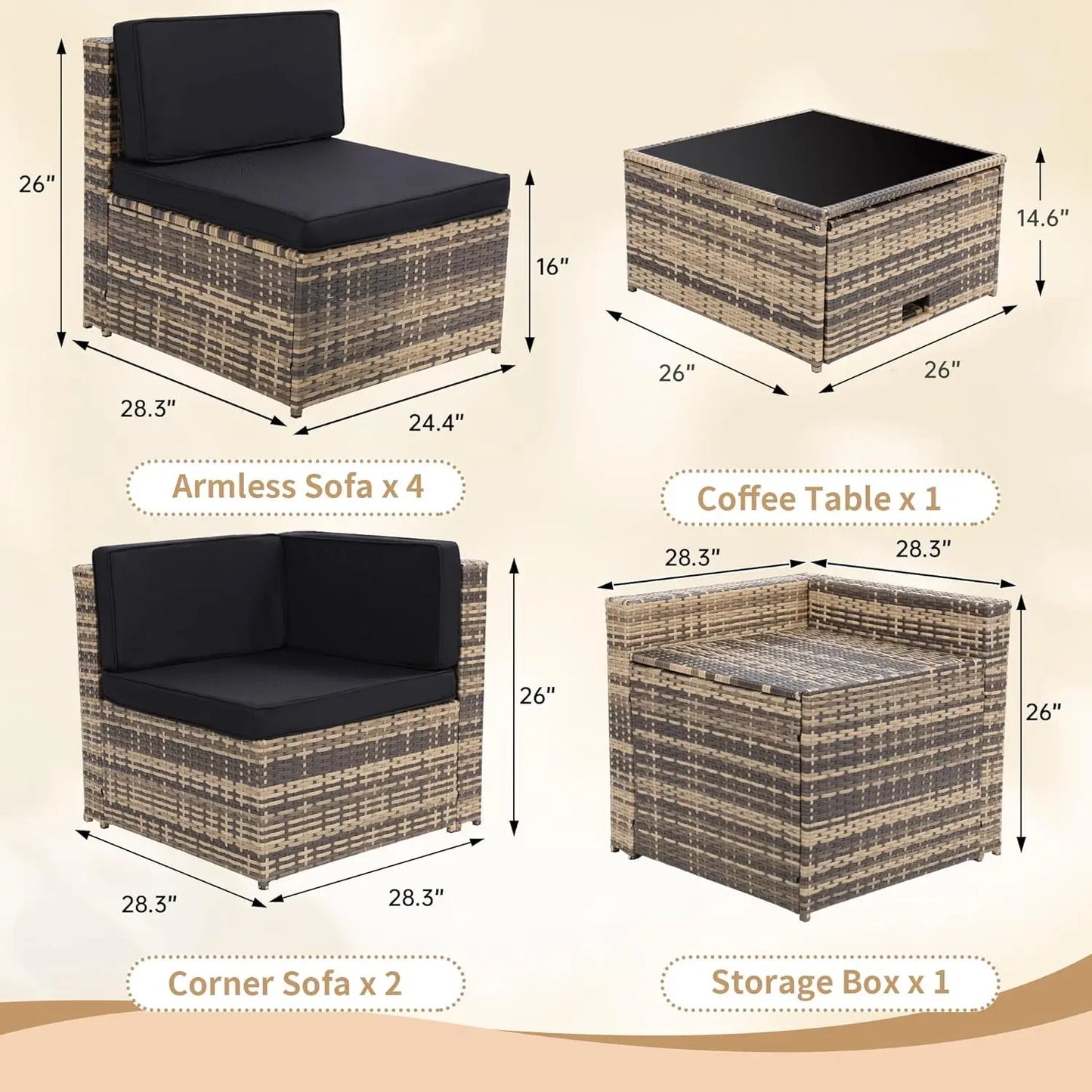 8 Pieces Outdoor Wicker Rattan Patio Furniture Sectional Set with Glass Top Table and Hidden Storage, 7 Sofa Sections with Oversized Cushions in Natural Color Rattan and Black Cushions