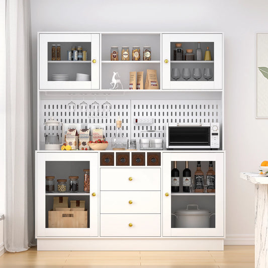 Pantry Cabinet Kitchen Storage Cabinet Freestanding Buffet Hutch with Pegboard Cup Holder Power Outlet Black