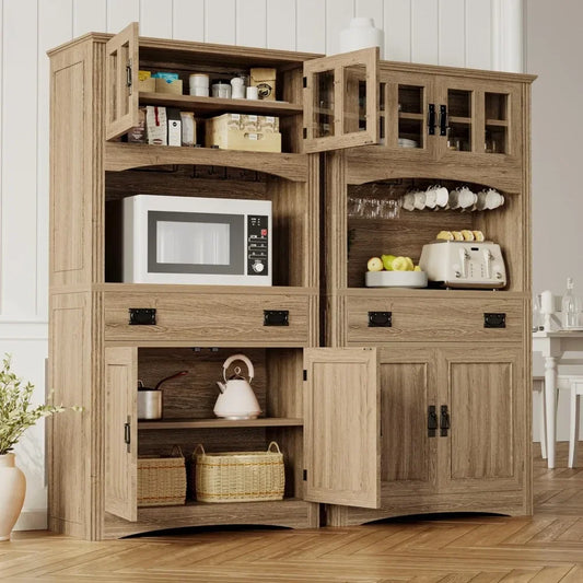 Kitchen Pantry with Power Outlets Farmhouse Storage Cabinet Coffee Bar with Glass Doors and Glasses Holder Large Drawer