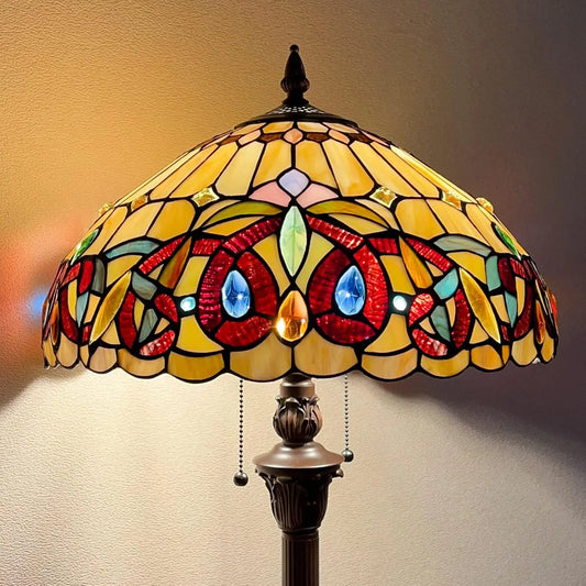 Floor Lamp 2-Light Antique Victorian Cream Brown Stained Glass Industrial Design