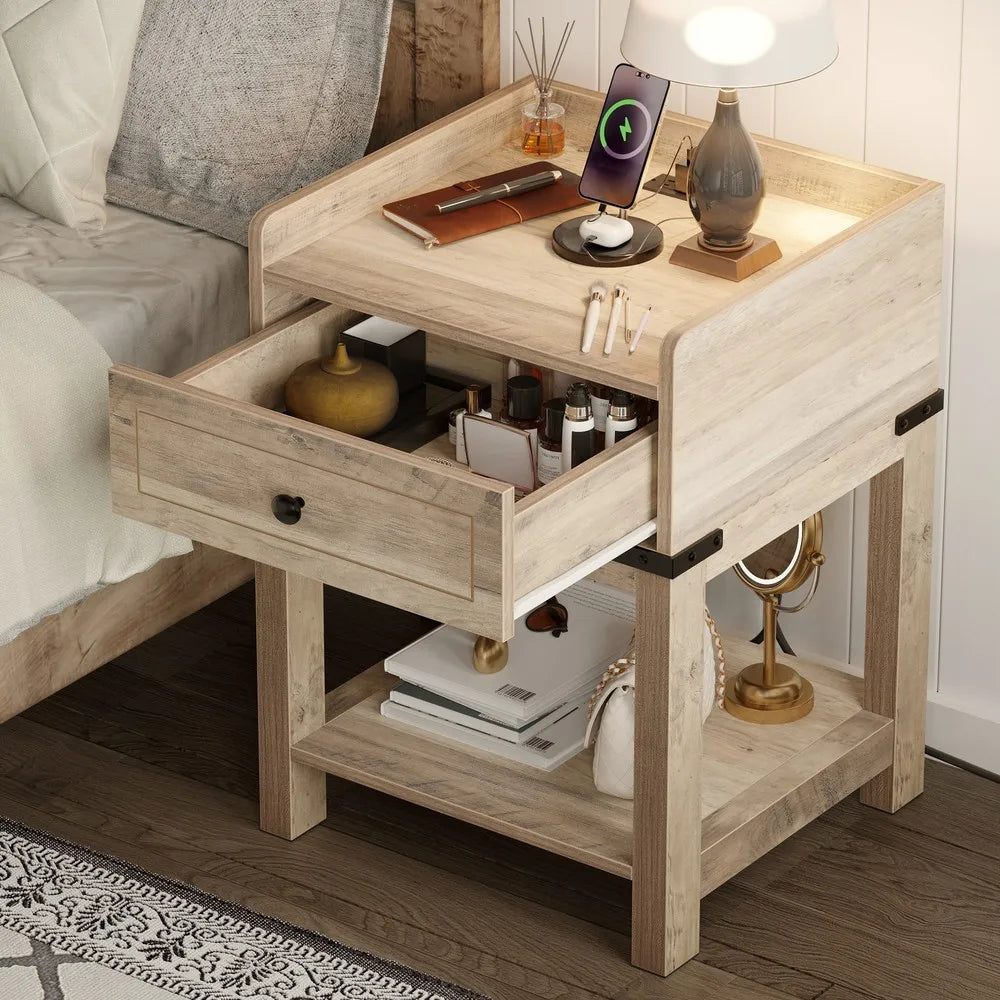 Farmhouse End Table Nightstand with Storage Shelf and Charging Station