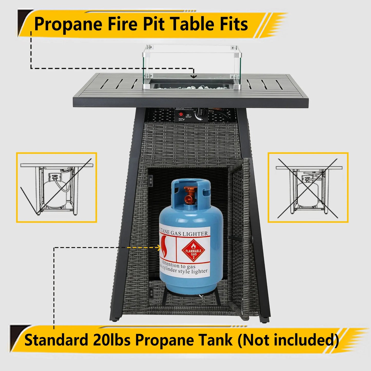 36 Inch Square Outdoor Fire Pit Table Wicker Propane High Fire Table with Glass Fire Beads
