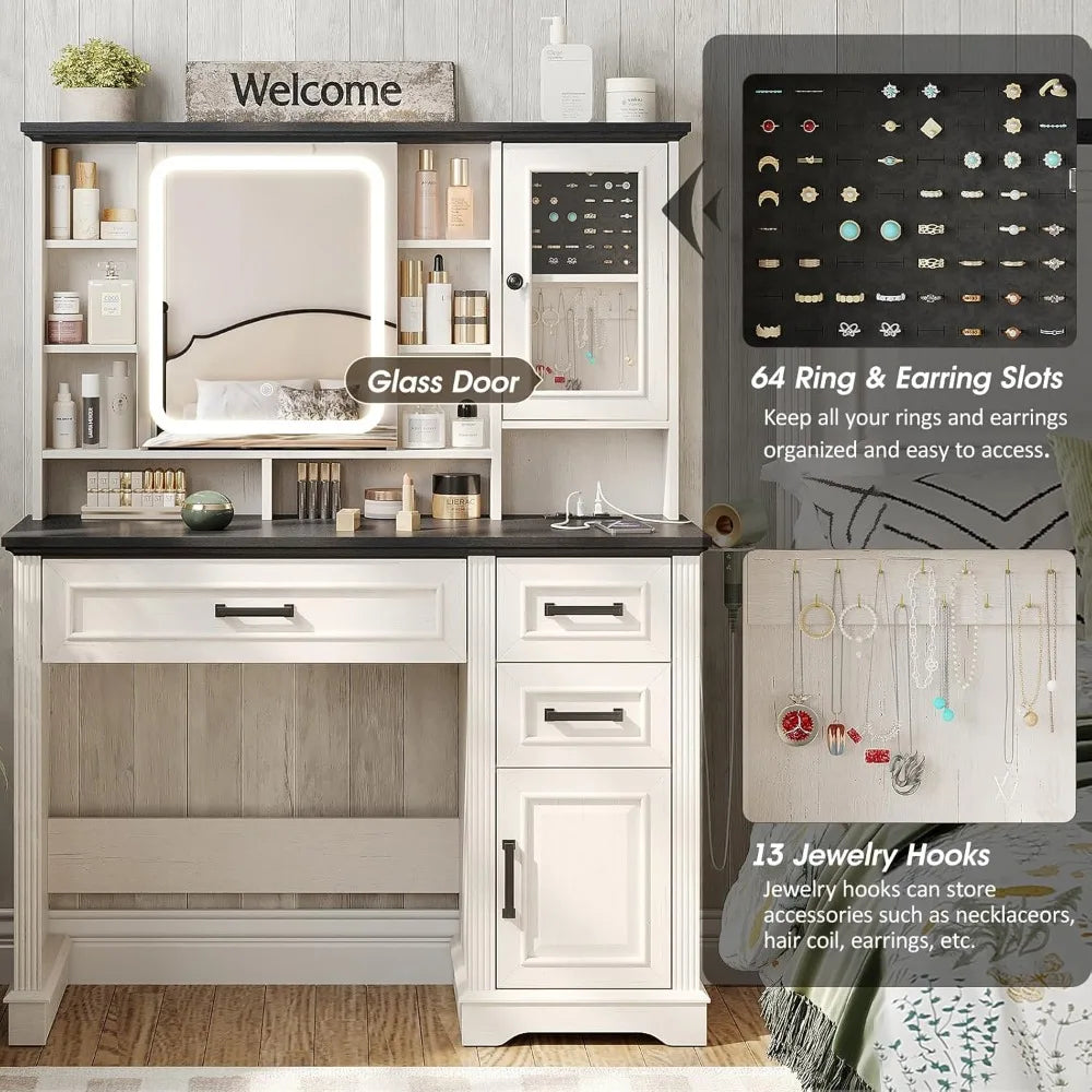 Vanity Desk with Mirror and Lights Makeup Vanity with 3 Drawers and Power Outlets Modern Farmhouse Style