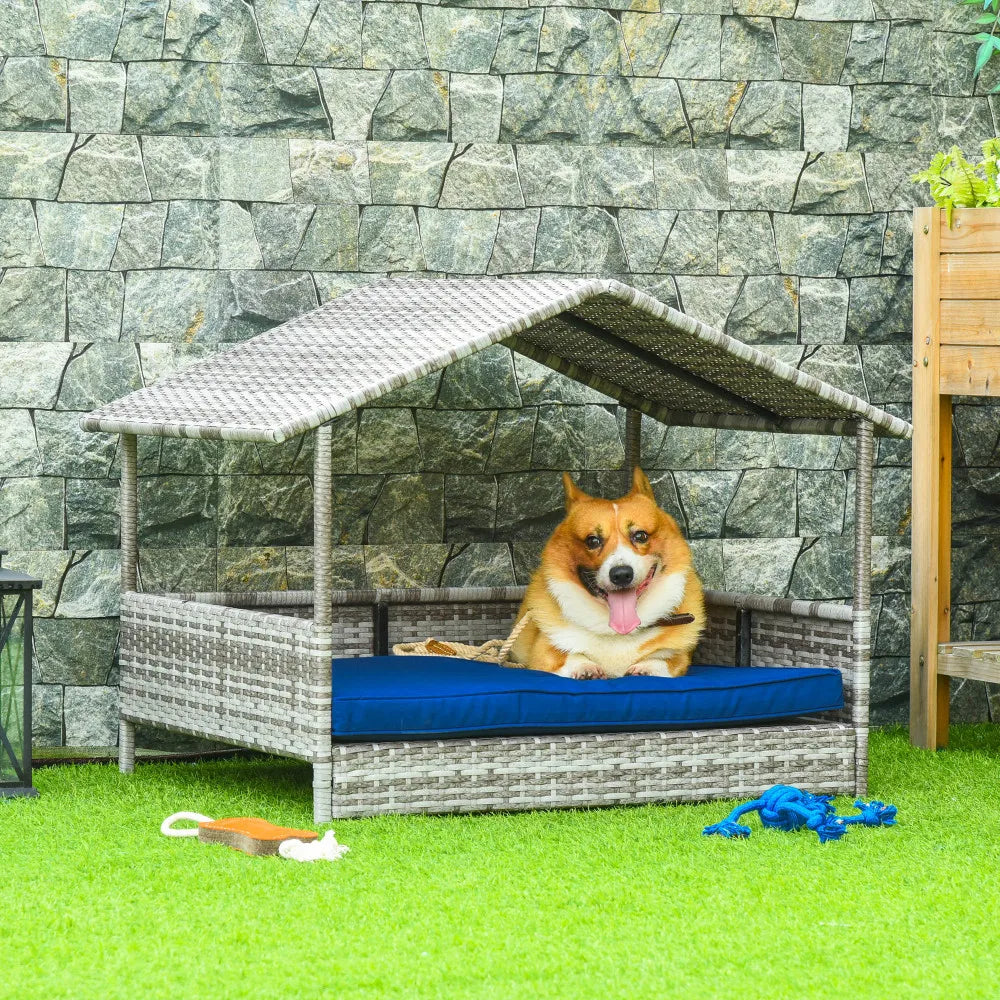 PawHut Wicker Dog House Outdoor With Canopy Rattan Dog Bed With Water Resistant Cushion For Small And Medium Dogs Dark Blue