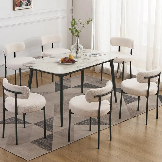 Dining Chairs Set of 6, with 3.94“ Cushions Mid-Century, Round for Kitchen, with Black Metal Legs, Modern Dining Room Chairs