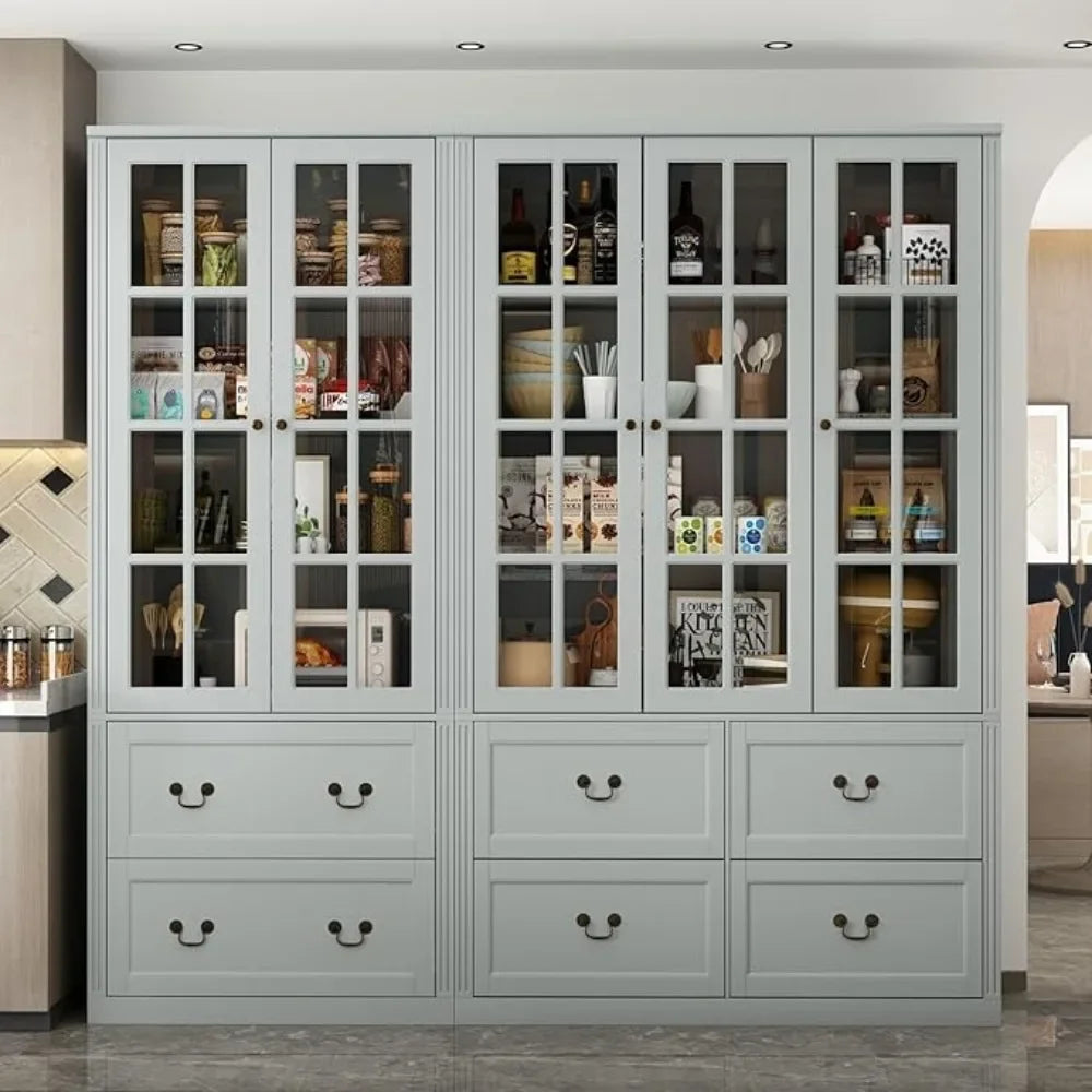 Pantry Cabinet Kitchen Storage Cabinet with Two Drawers and Glass Doors Adjustable Shelves for Kitchen and Pantry Use