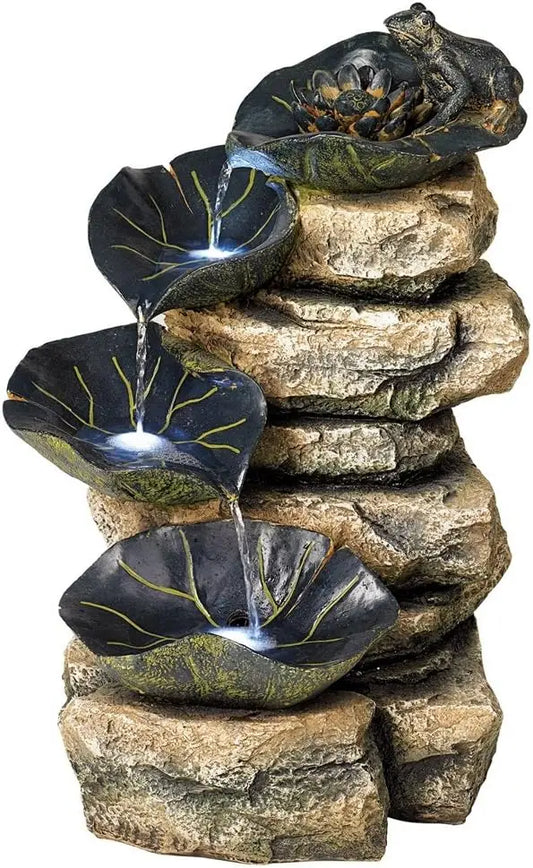 Frog And Four Lily Pad Rustic Outdoor Floor Water Fountain 21 Inch High With LED Light Stacked Rock Cascading Decor For Garden Patio