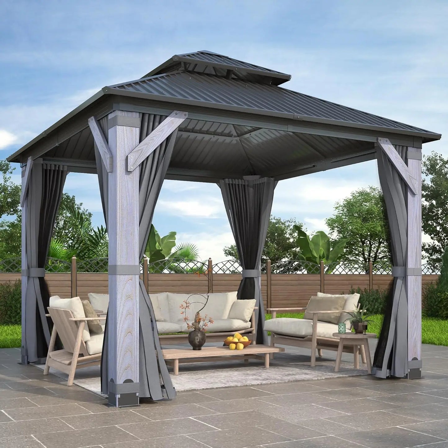 Outdoor Wooden Gazebo Patio Galvanized Steel Gazebo with Double Vented Roof Heavy Duty Cedar Wood for Garden Use