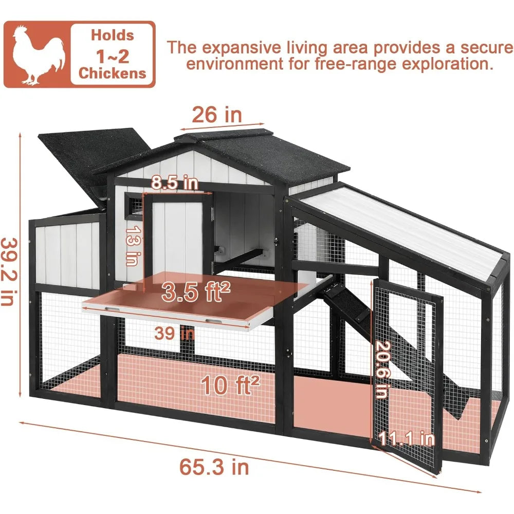 65.3 Inch Chicken Coop and Run Wooden Hen House for 1 to 2 Chickens with Nesting Box Tray and Perches Indoor Outdoor Pet Hutch