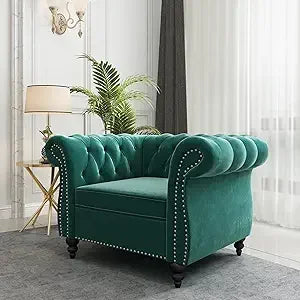 Accent Chair, Chesterfield Chair Modern Velvet Upholstered Chairs with Tufted Back for Living Room Furniture (White)