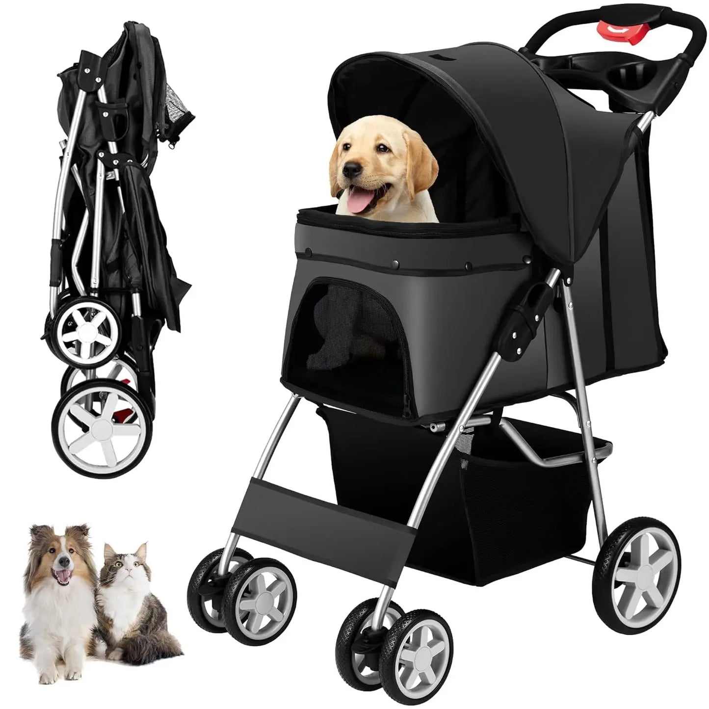 4 Wheels Pet Stroller for Small and Medium Dogs and Cats 33 Pounds Breathable Foldable Jogger Stroller with Storage Basket for Travel