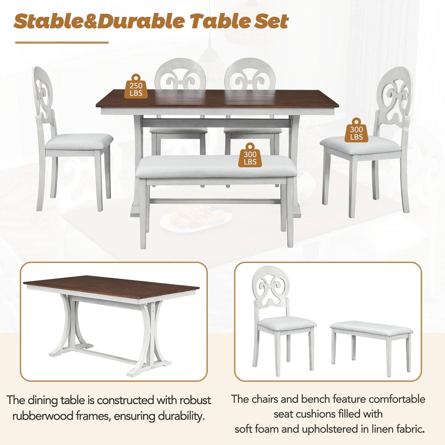TOPMAX Mid Century 6 Piece Trestle Table Set with Victorian Round Upholstered Dining Chairs and Long Bench