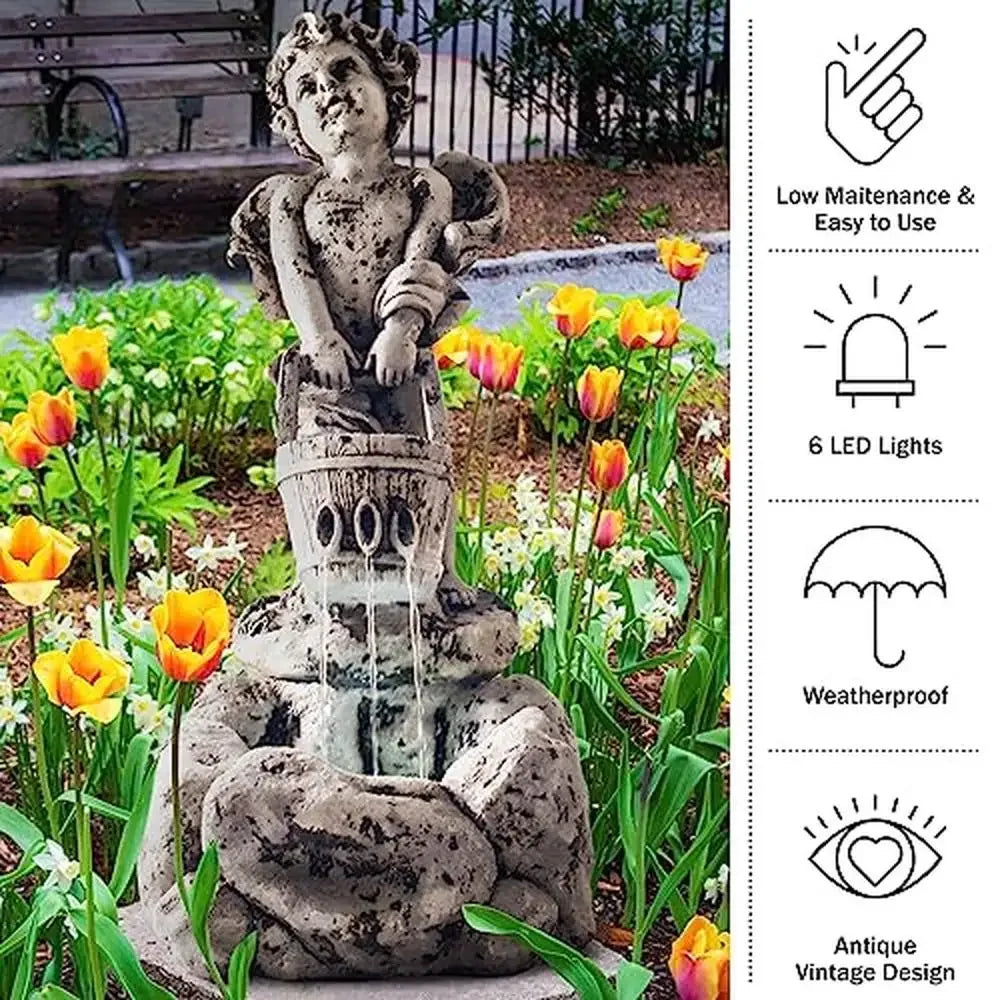 LED Lighted Outdoor Water Fountain Cherub Angel Design Polyresin Garden Decor 10.25 Inch x 15 Inch x 24 Inch