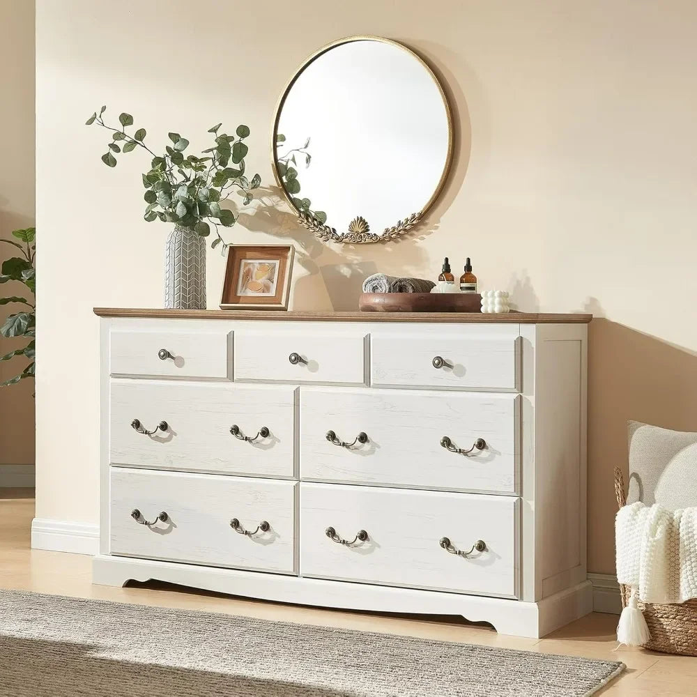 Farmhouse 4 Pieces Bedroom Set with 7 Drawers Dresser 6 Drawer Organizer and Two Nightstands with Charging Station