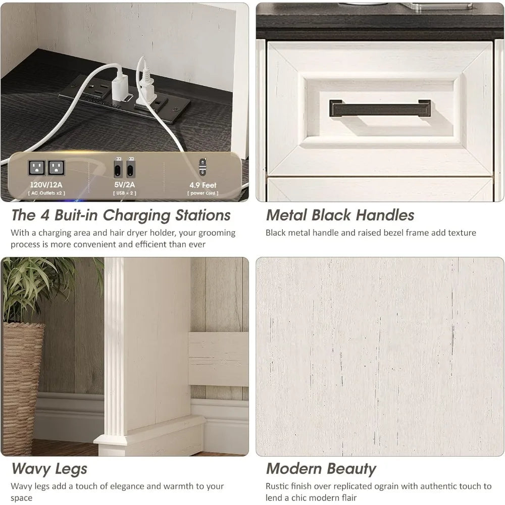 Vanity Desk with Mirror and Lights Makeup Vanity with 3 Drawers and Power Outlets Modern Farmhouse Style