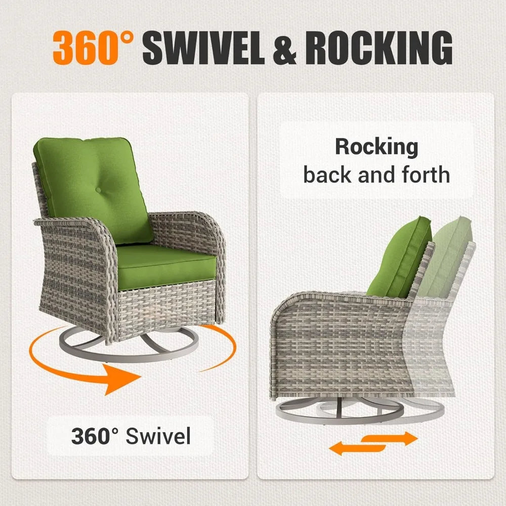 Patio Rocking Swivel Chair Outdoor Wicker Rattan Bistro Set with Tempered Glass Side Table Garden Furniture