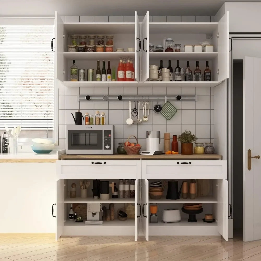 Large Kitchen Pantry Cabinet Set with Wall Mounted Storage Sideboard 8 Doors and 2 Drawers White 63 Inch Wide Modern Kitchen Cabinets