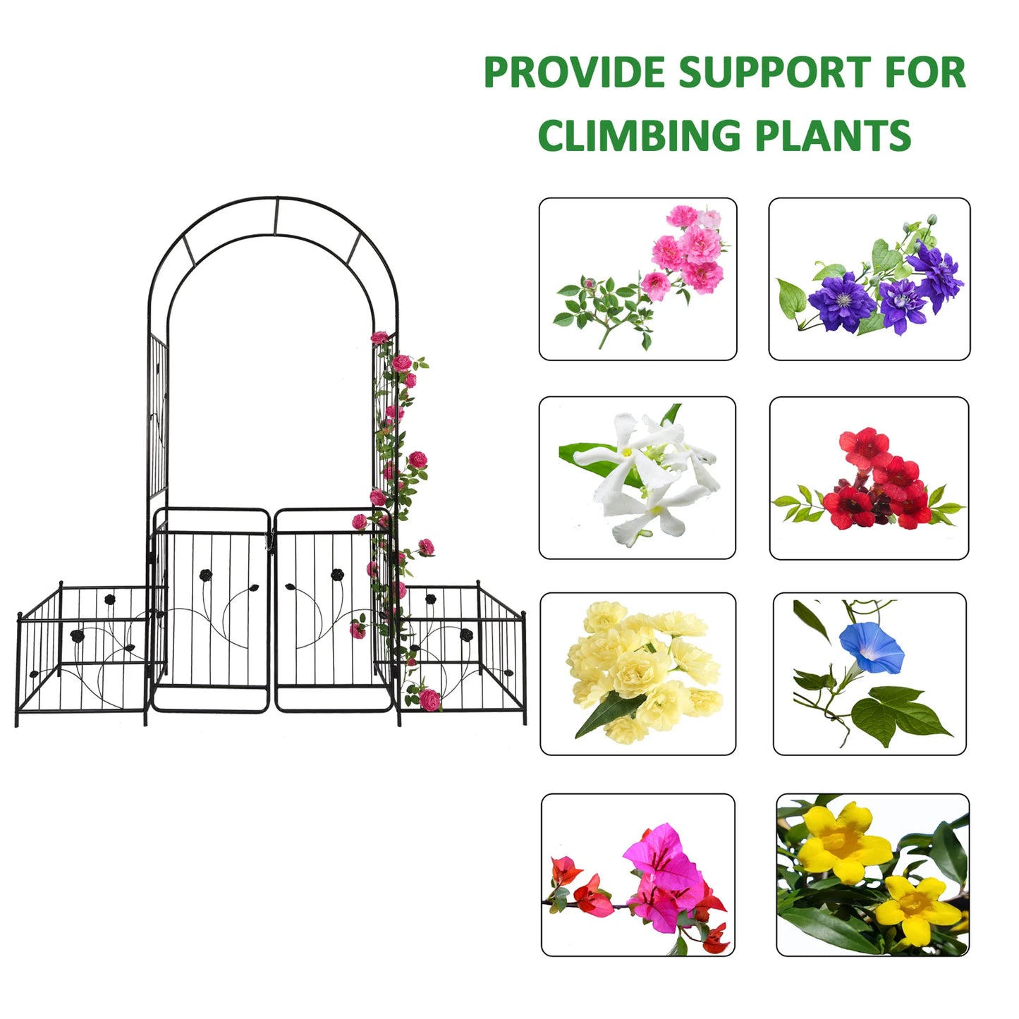 Metal Garden Arch with Gate 6.63 Feet Wide x 7.2 Feet High Climbing Plants Support Rose Arch Outdoor Black