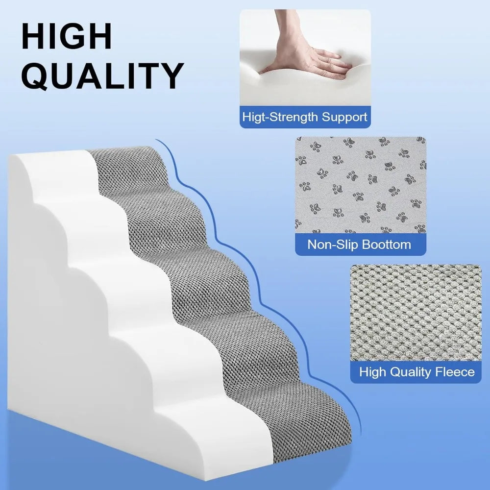 Grey 5 Step Dog Stairs For Bed Non Slip Pet Ramp Sturdy