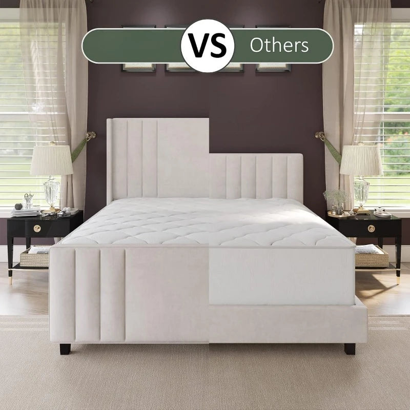 Queen Size Velvet Upholstered Platform Bed Frame with Vertical Channel Tufted Headboard and Footboard Wingback