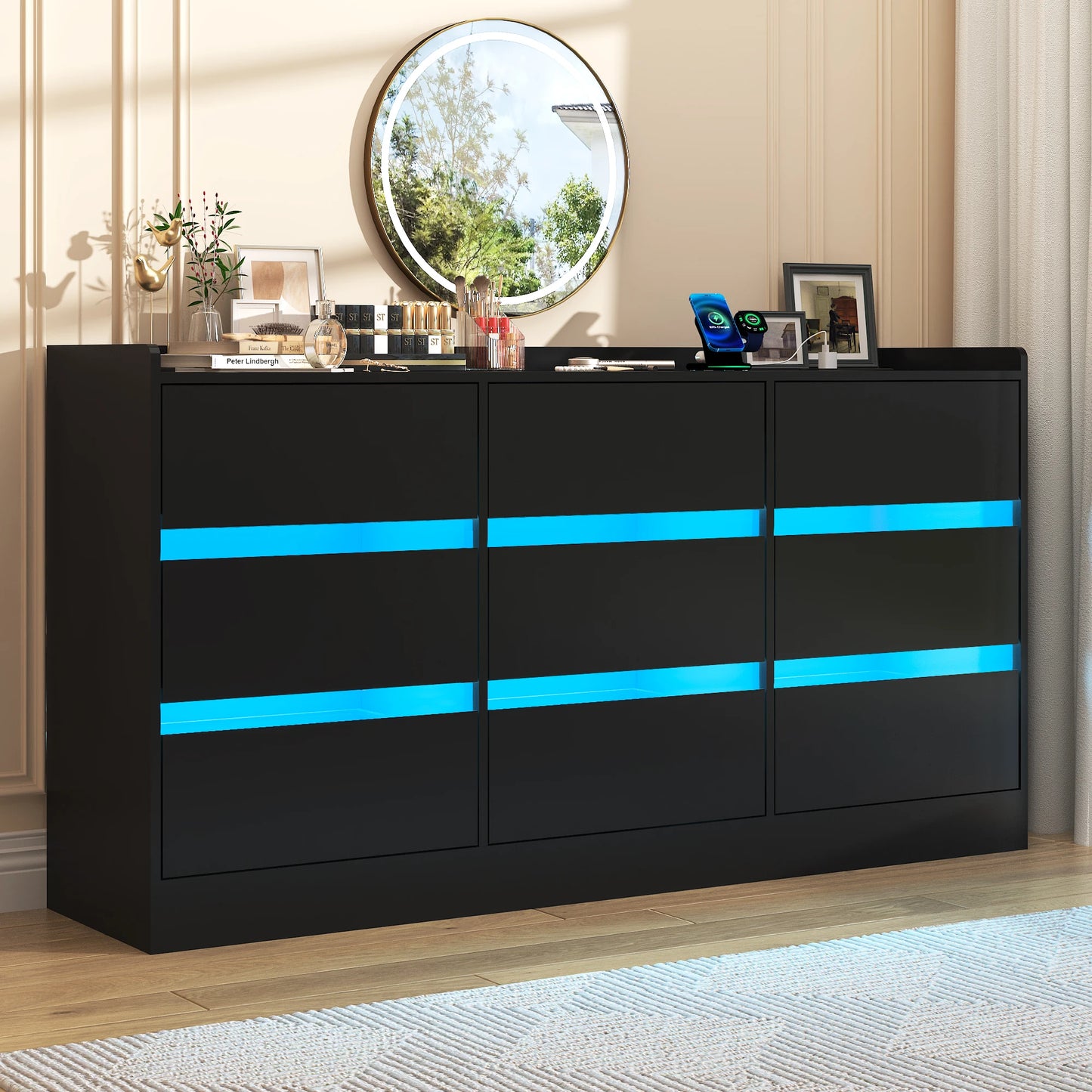 9 Drawer Dresser with Power Outlet and LED Light Modern Chest of Drawers for Closet 63 Inch Drawer Organizer Cabinet for Bedroom