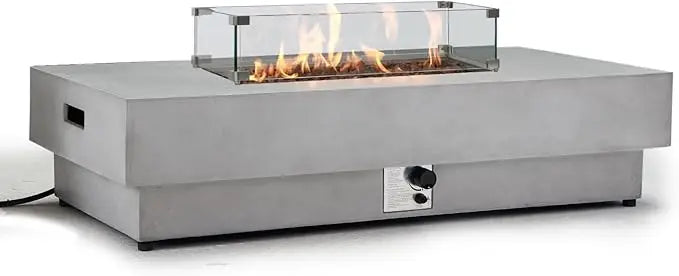 60 Inch Outdoor Propane Fire Pit Table with Lid and Wind Guard Large Rectangular Concrete Design