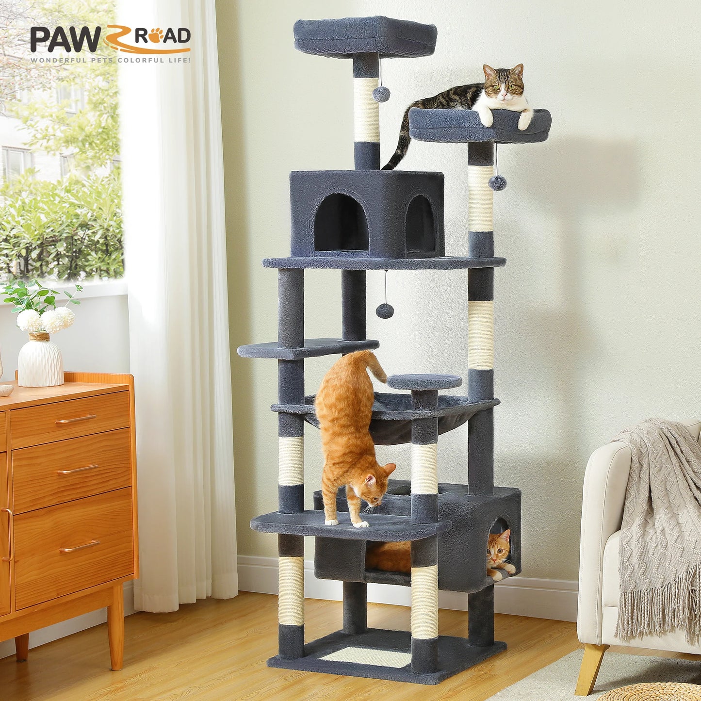 184cm Large Cat Tree Tower for Indoor Cats with Sisal Scratching Posts Spacious Hammock Padded Perches and Condos