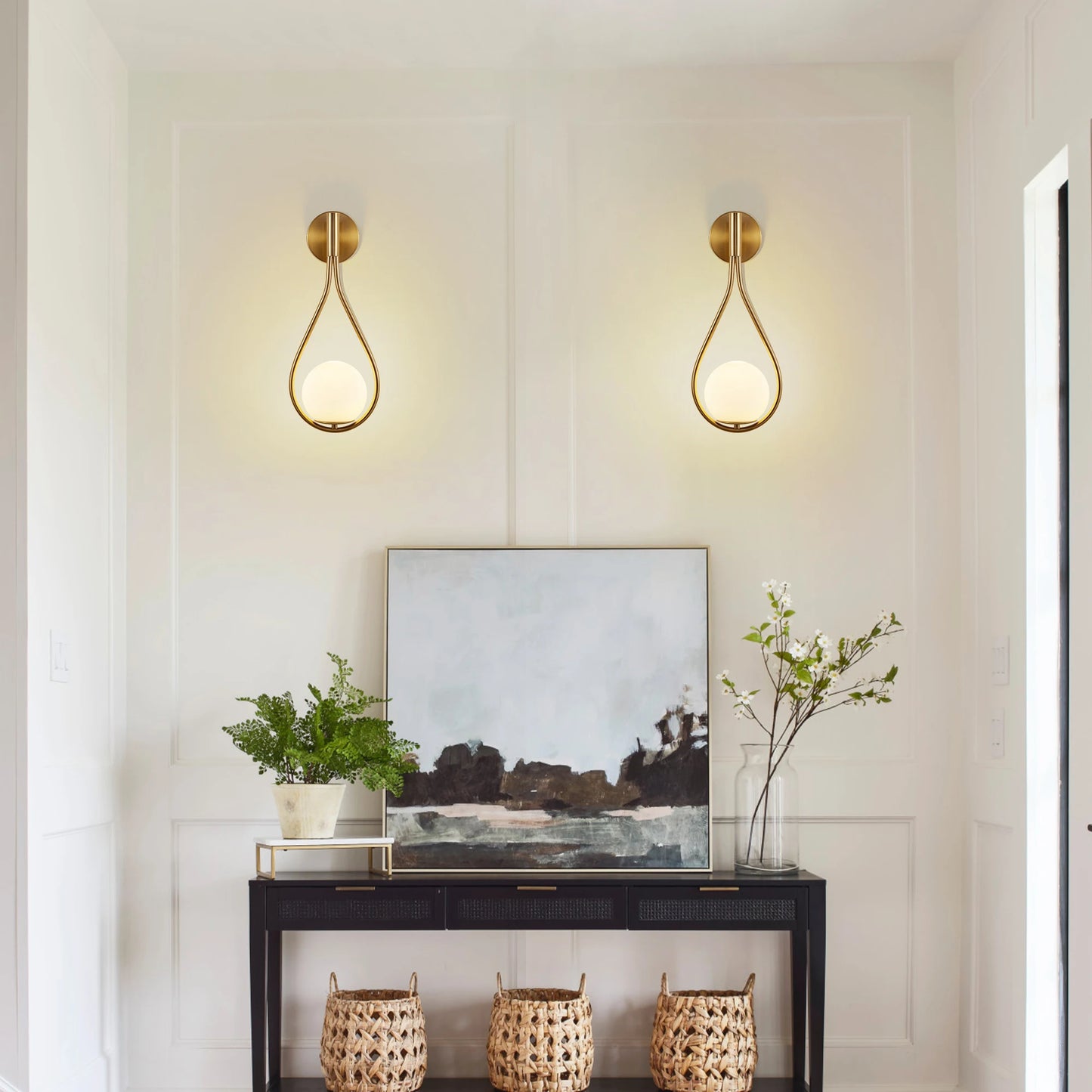 Modern golden wall lamp, white frosted glass ball, medieval design, 2 luxurious wall lamps (no bulbs)