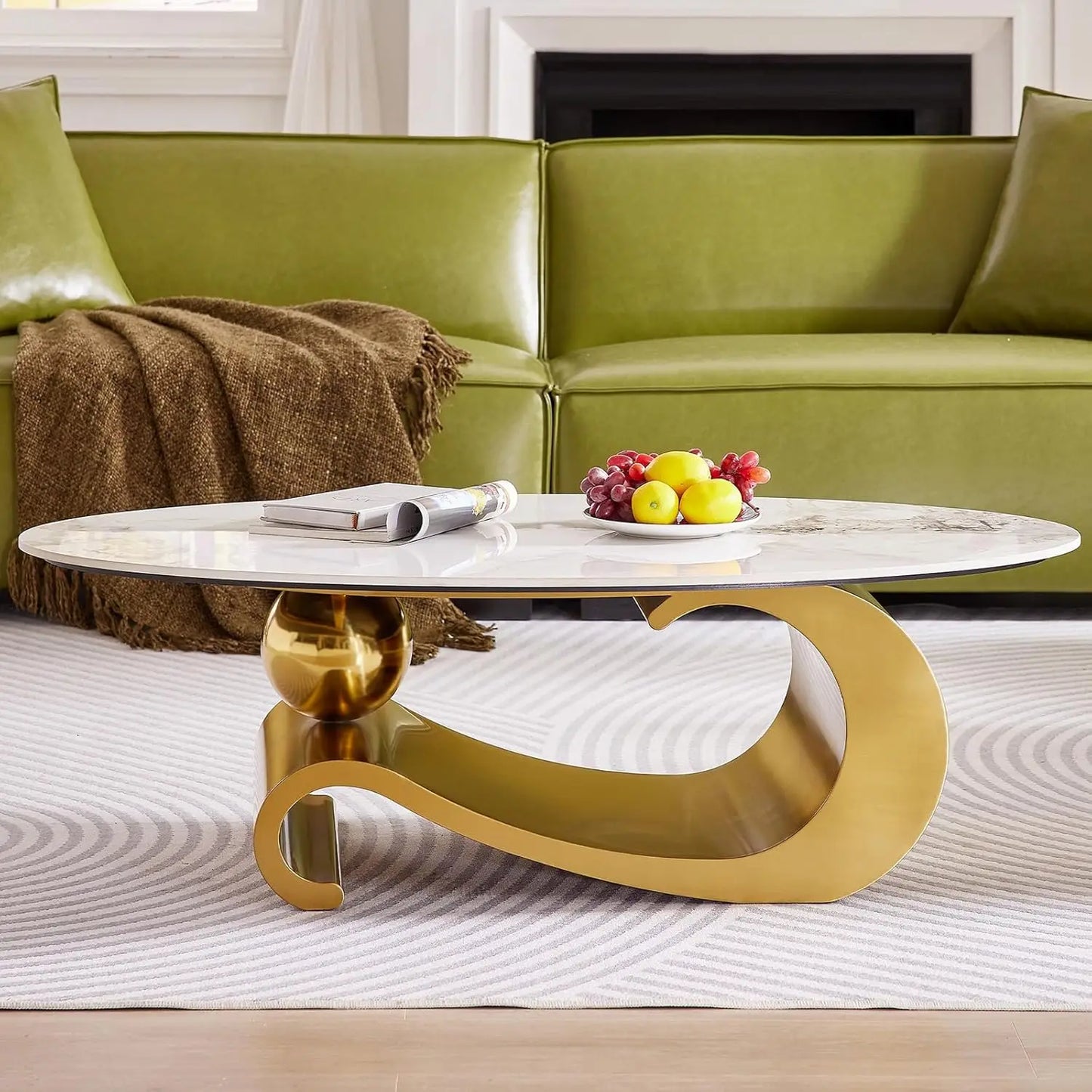 49.2 Inch Modern Oval Marble Coffee Table with Sturdy Metal Base Luxury Living Room Furniture