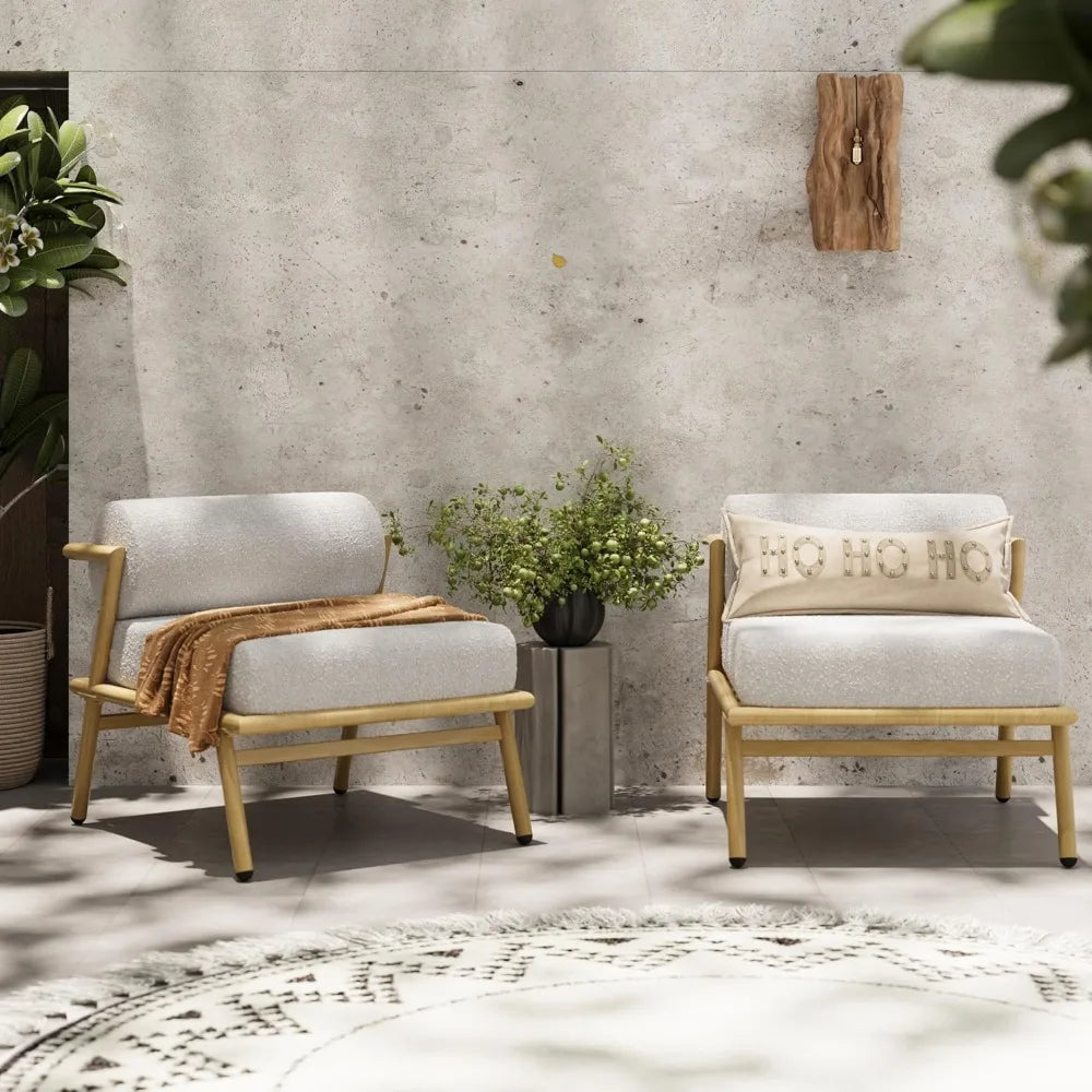 Outdoor Upholstered Lounge Chair Patio Teak Finished Iron Club Chair with Beige Cushion Stylish Comfortable Accent Chair