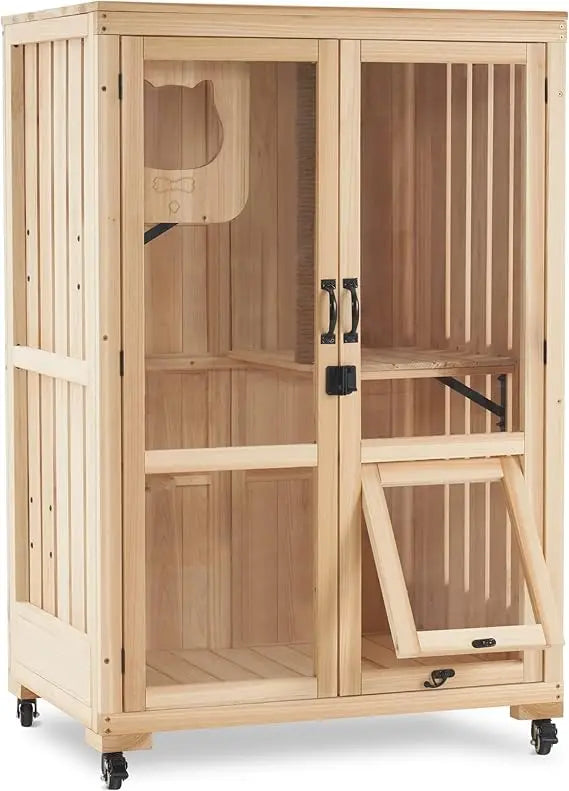 Luxury Cat House with Scratching Post Wooden Multi Feature Large Cat Condo with Escape Door and Wheels Kitten Cages with Shelves