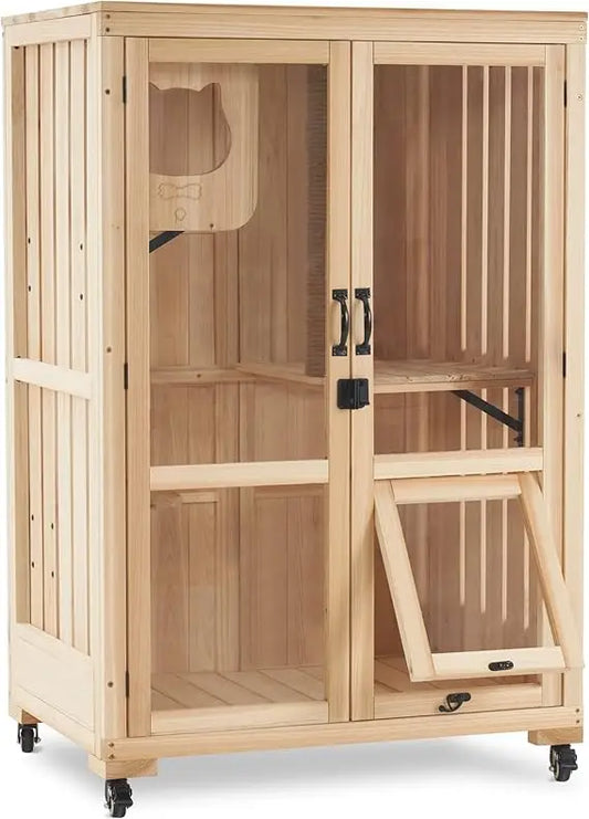 Luxury Cat House with Scratching Post Wooden Multi Feature Large Cat Condo with Escape Door and Wheels Kitten Cages with Shelves
