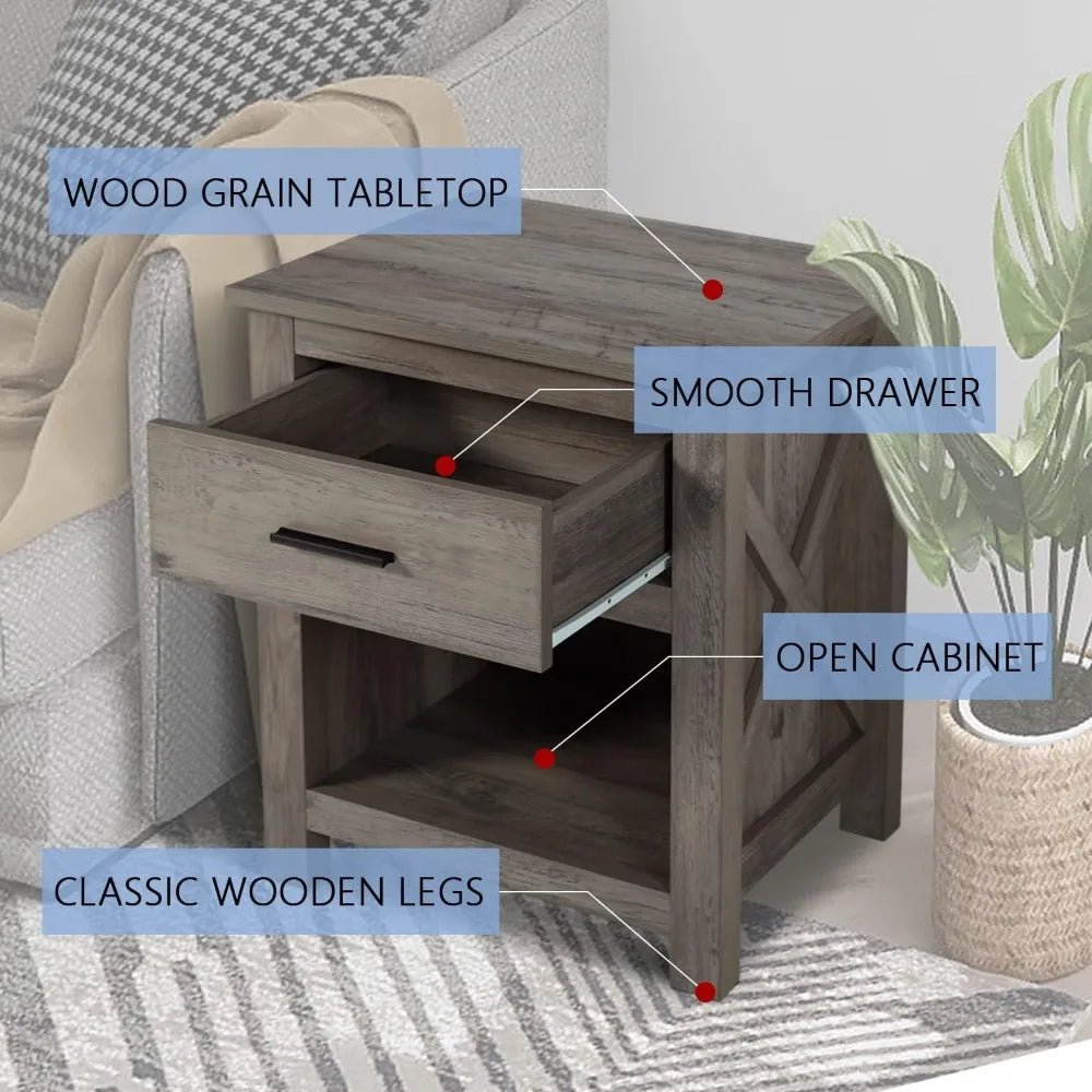 Nightstands Set of 2 Wooden Bedside Table with 1 Drawer and Open Cabinet Tall Night Stand for Bedroom Farmhouse Furniture Set