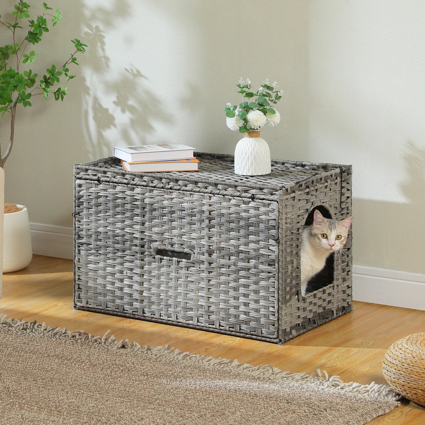 Rattan Cat Litter Box Enclosure Furniture with Door Handwoven Rattan Hidden Litter Box for Living Room Odor Control Cat House Bed