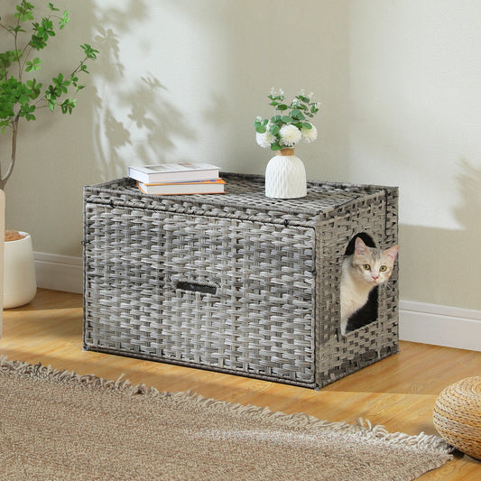 Rattan Cat Litter Box Enclosure Furniture with Door Handwoven Rattan Hidden Litter Box for Living Room Odor Control Cat House Bed