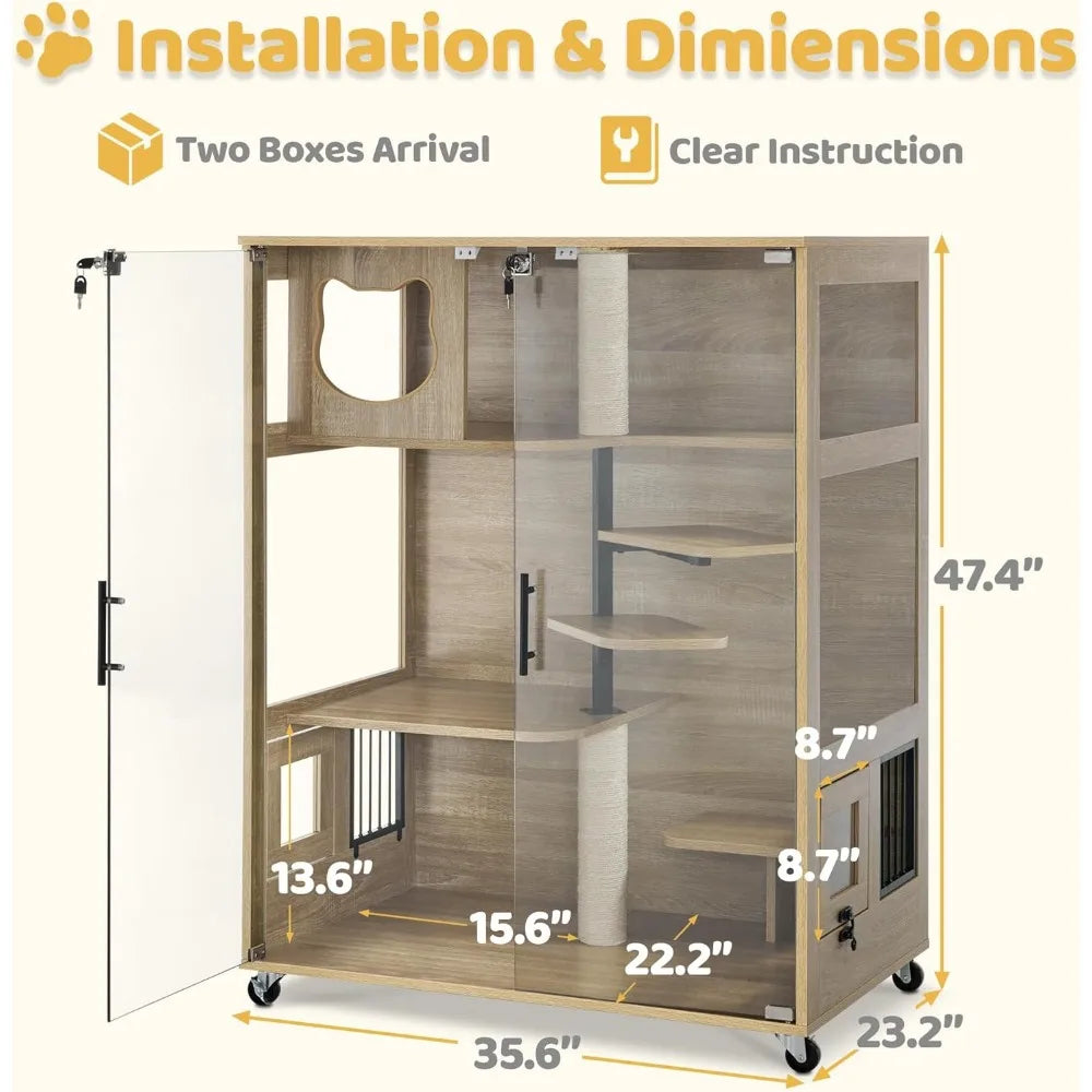 Wooden Cat House with Scratching Posts Luxury Large Cat Condo with Lockable Wheels Indoor Kitten Cage with Escape Door