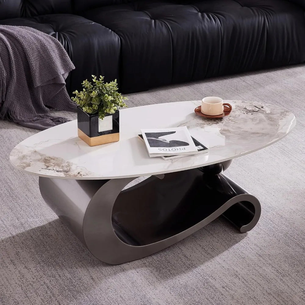 49.2 Inch Modern Oval Marble Coffee Table with Sturdy Metal Base Luxury Living Room Furniture