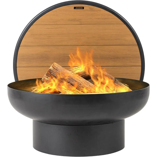 Cast Iron Fire Pit Table with Lid Extra Thick Heavy Duty Fire Bowl Deep Round Firepit for Outdoor Bonfire Gatherings Wood