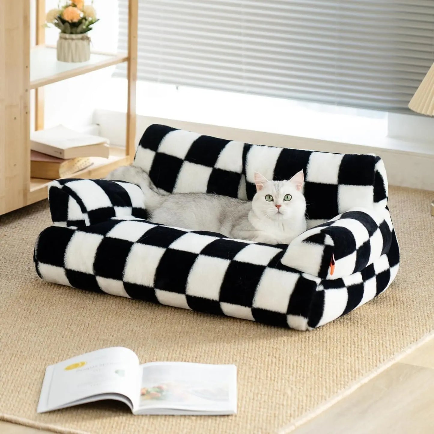 Mewoofun Pet Couch Bed 26x19x13 Inch Washable Cat Beds for Medium Small Dogs and Cats up to 25 Pounds Fluffy Couch in Black and White