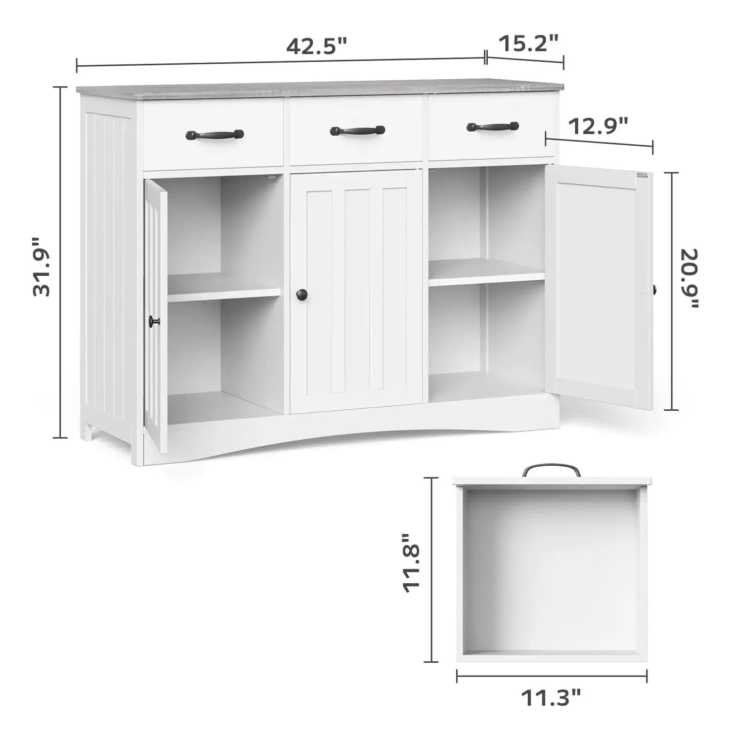 42 Inch Kitchen Storage Cabinet Wood Buffet Sideboard with 3 Doors and 3 Drawers Gray Countertop