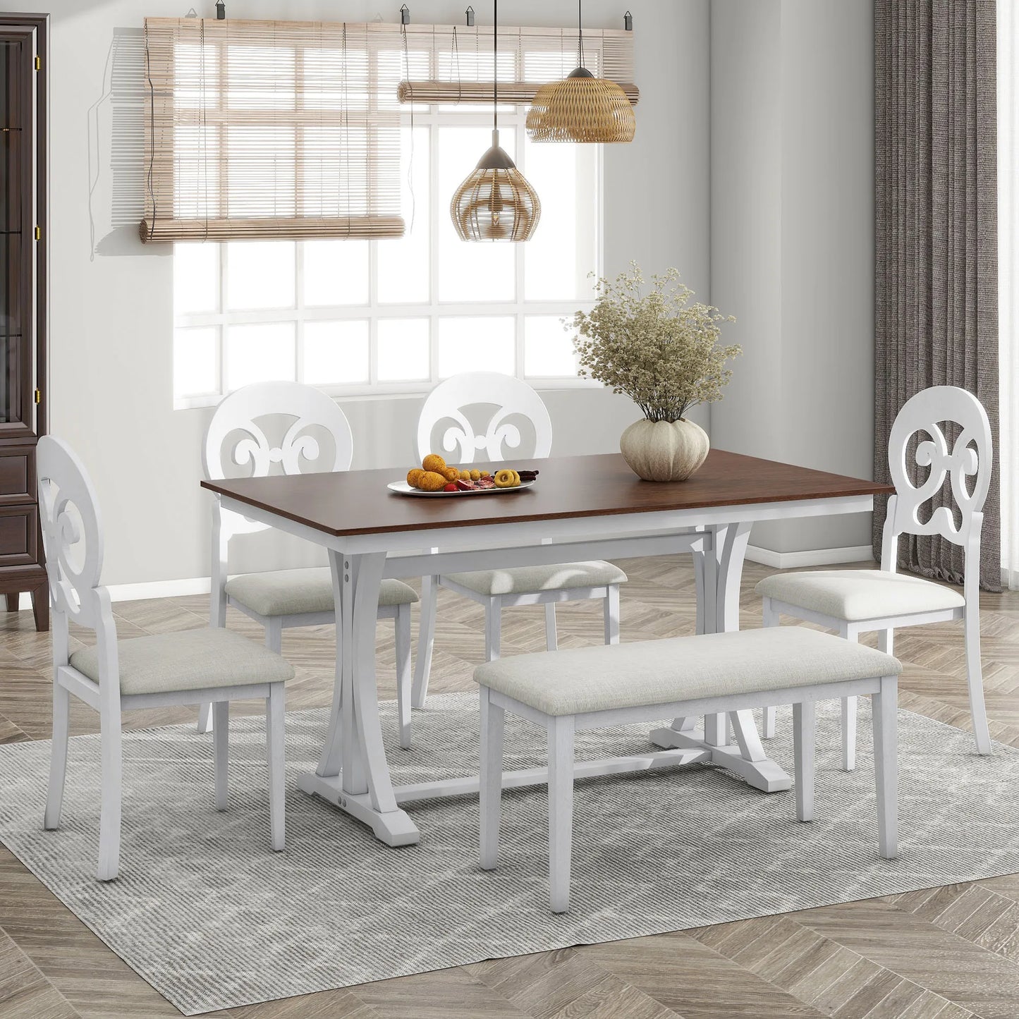 TOPMAX Mid Century 6 Piece Trestle Table Set with Victorian Round Upholstered Dining Chairs and Long Bench