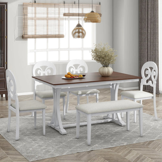 TOPMAX Mid Century 6 Piece Trestle Table Set with Victorian Round Upholstered Dining Chairs and Long Bench
