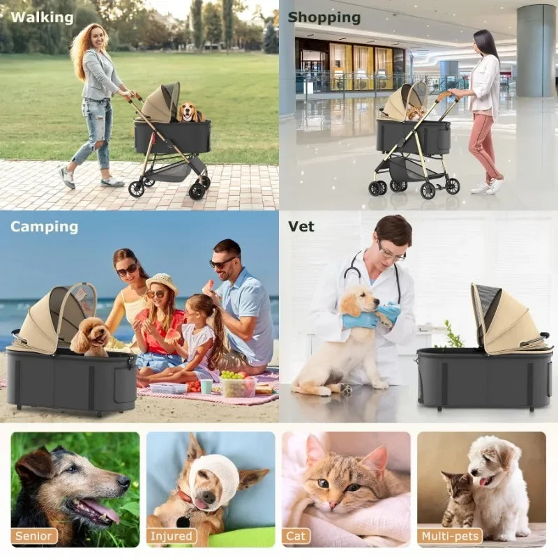 Pet Stroller with Four Wheels Foldable Pet Travel Carrier for Small Medium Dogs Cats up to 55 Pounds Detachable Basket Removable