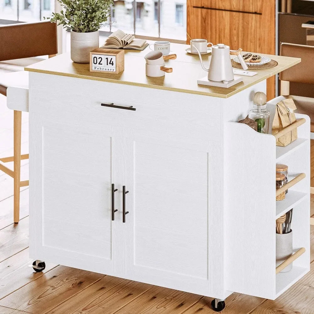 Kitchen Island with Storage Rolling Kitchen Island on Wheels with Drop Leaf Door Cabinet Drawer and 3 Open Spice Rack Shelves