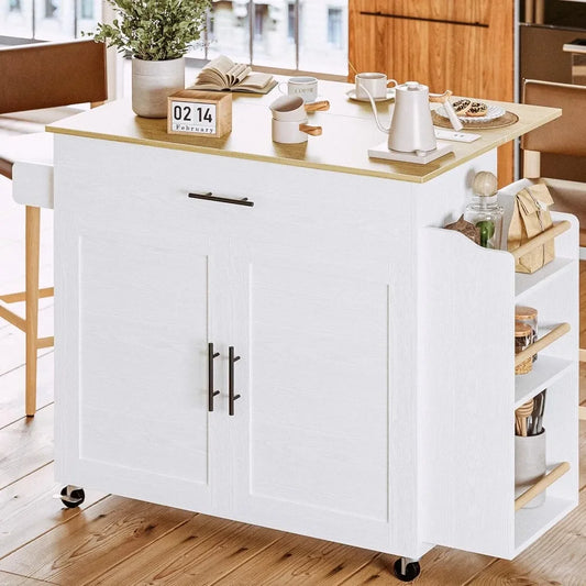 Kitchen Island with Storage Rolling Kitchen Island on Wheels with Drop Leaf Door Cabinet Drawer and 3 Open Spice Rack Shelves