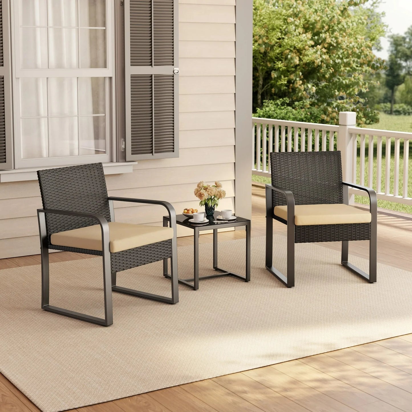 3 Piece Patio Chair Set with Glass Coffee Table Outdoor Rattan Furniture for Garden Porch Bistro Yard Gray Cushion