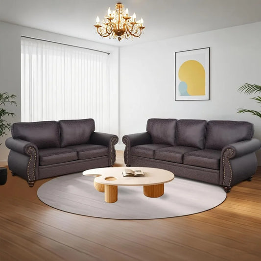 Rivet Couch Living Room Sets Mid Century Couch Solid Wooden Frame Vintage Couches Brown Loveseat and 3 Seater