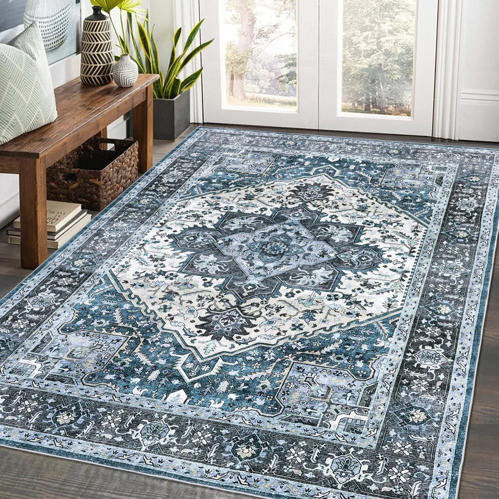 Washable Area Rugs 8x10 Living Room Rug Vintage Medallion Throw Rug Soft Floor Cover Low Pile Non Slip Accent Carpet Retro Design