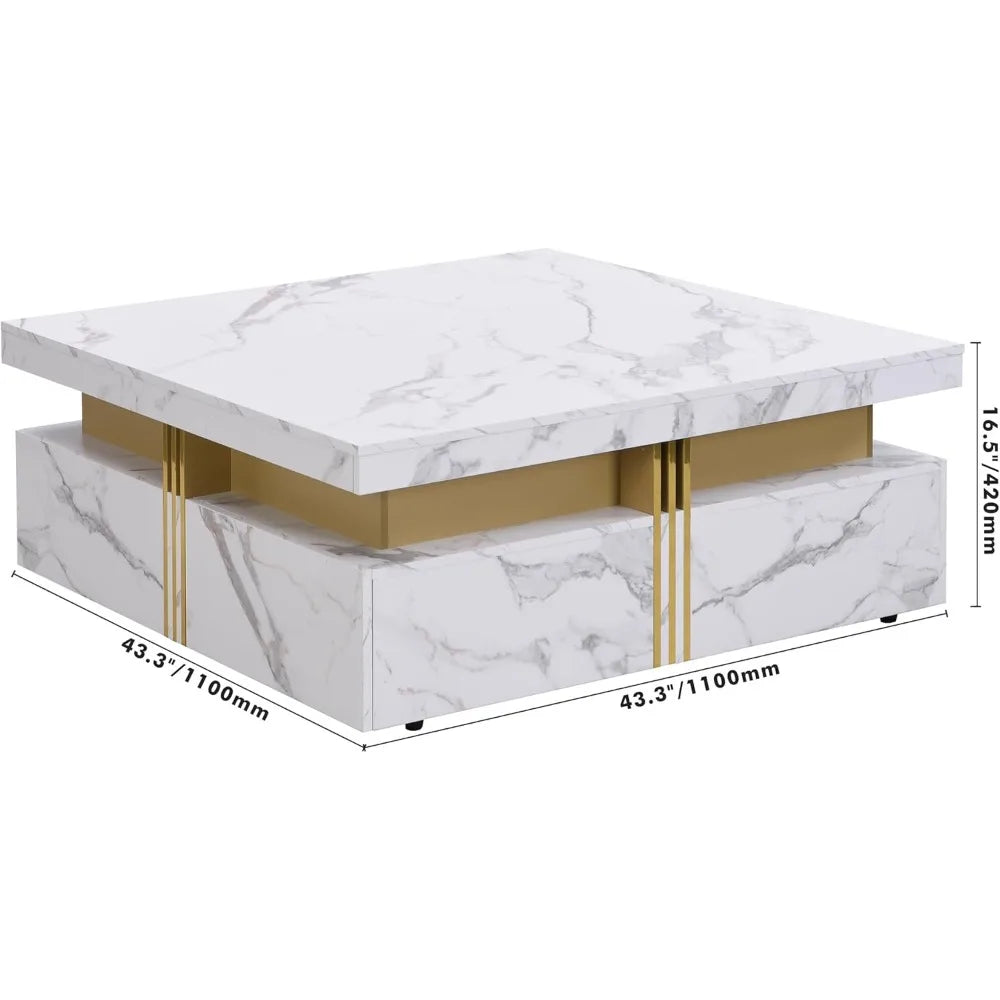 Modern Square Coffee Table with 4 Drawers Contemporary Luxury Center Table with Gold Accents