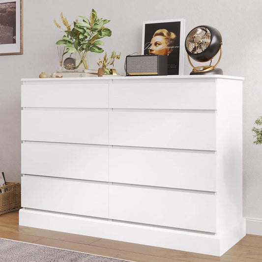 White Wooden Dresser for Bedroom with 8 Spacious Drawers 51.5 Inch Long Clothing Storage Chest